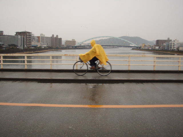 雨の九反田橋を自転車で渡ります